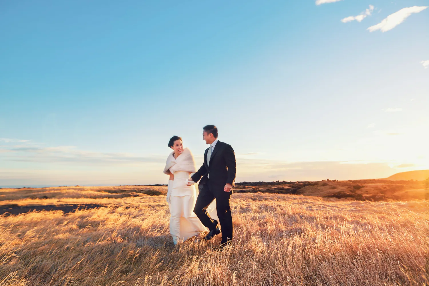 Bride in white dress and groom in dark suit walk through golden grassland at sunset.