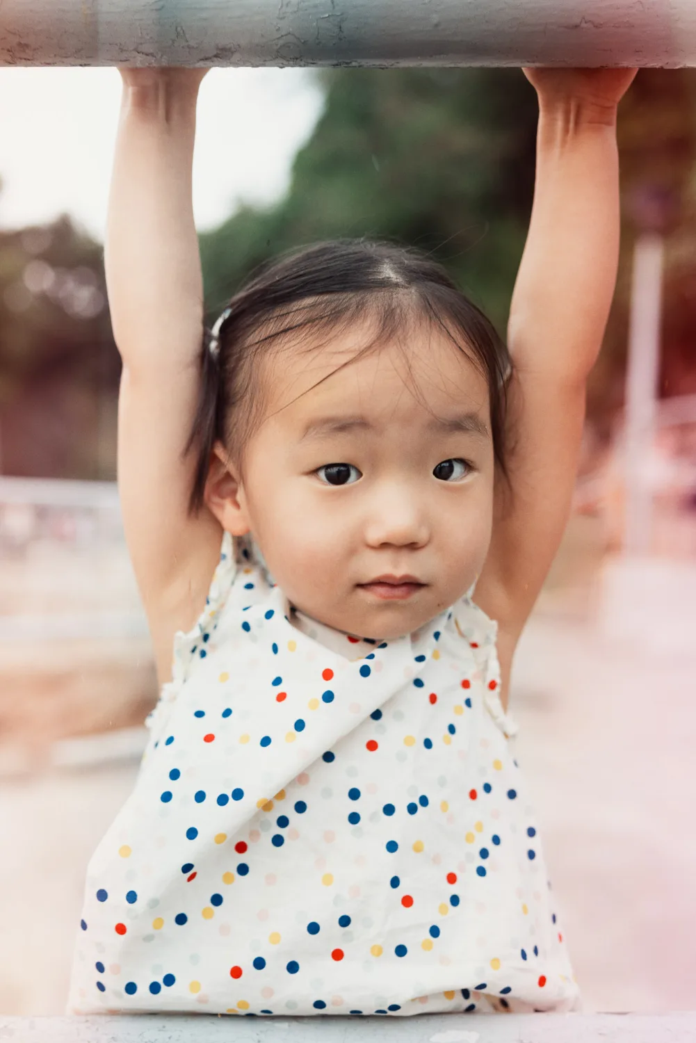 Amelia hanging from a rail and staring down the camera