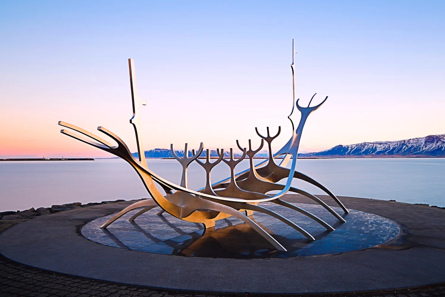 Sunrise view of the Sun Voyager sculpture in Reykjavik, Iceland
