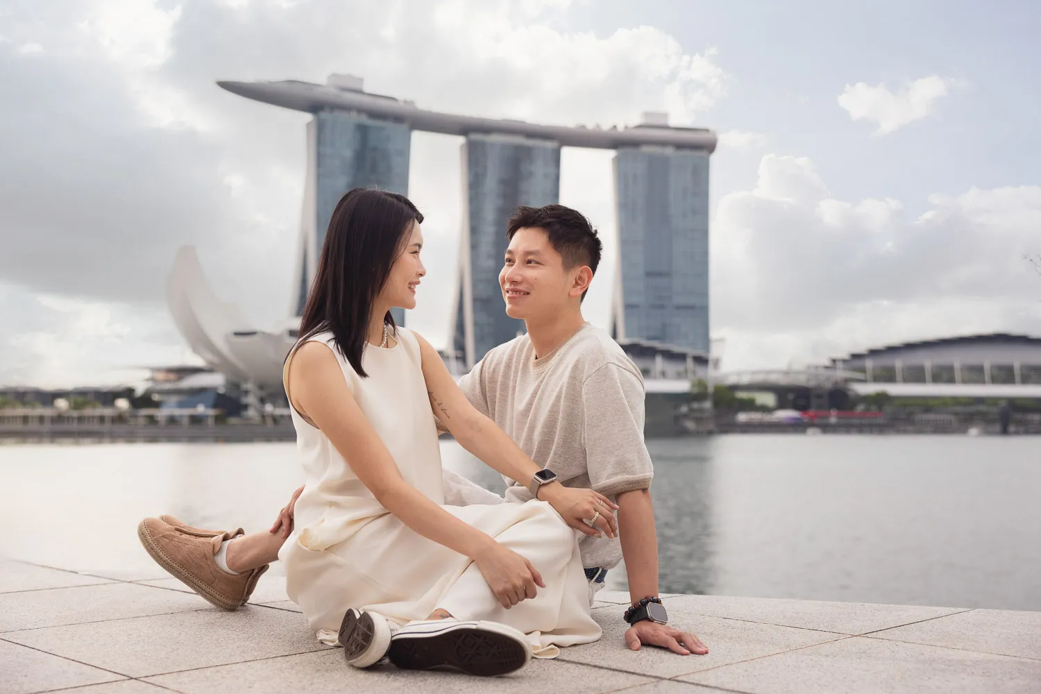 Jay and Yan with the boys in a quiet family moment during their Marina Bay photoshoot