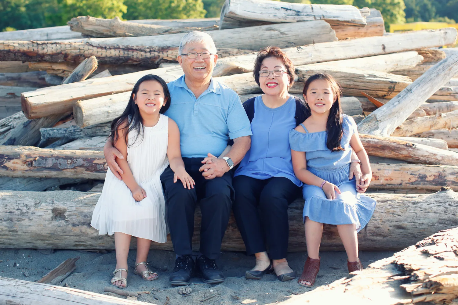 Grandparents and granddaughters together on a driftwood log